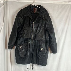 Vintage Black Leather G-III Hooded Long Motorcycle Jacket